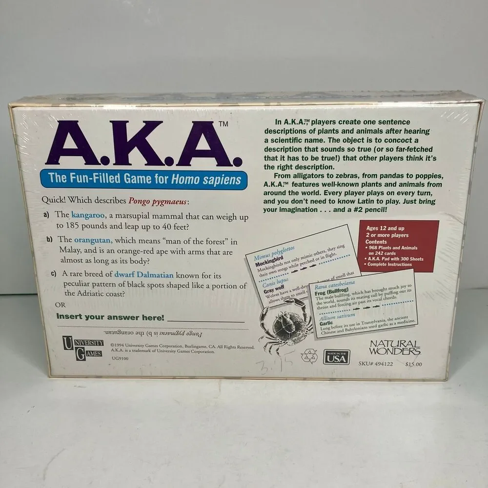 A.K.A Fun-filled Board Nature Game for Homo Sapiens 1994 University Games New